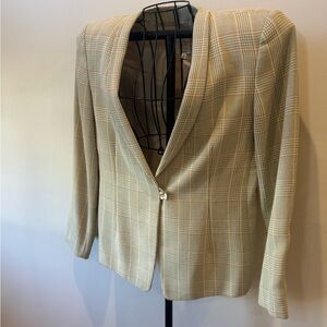 Joan & David Plaid Cream Tan Blazer Sz 6 Lana Wool Italian Single Button Jacket